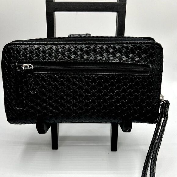 Zip Wallet Wristlet Black Woven Leather Checkbook Multiple Pockets and Slots - Picture 2 of 8
